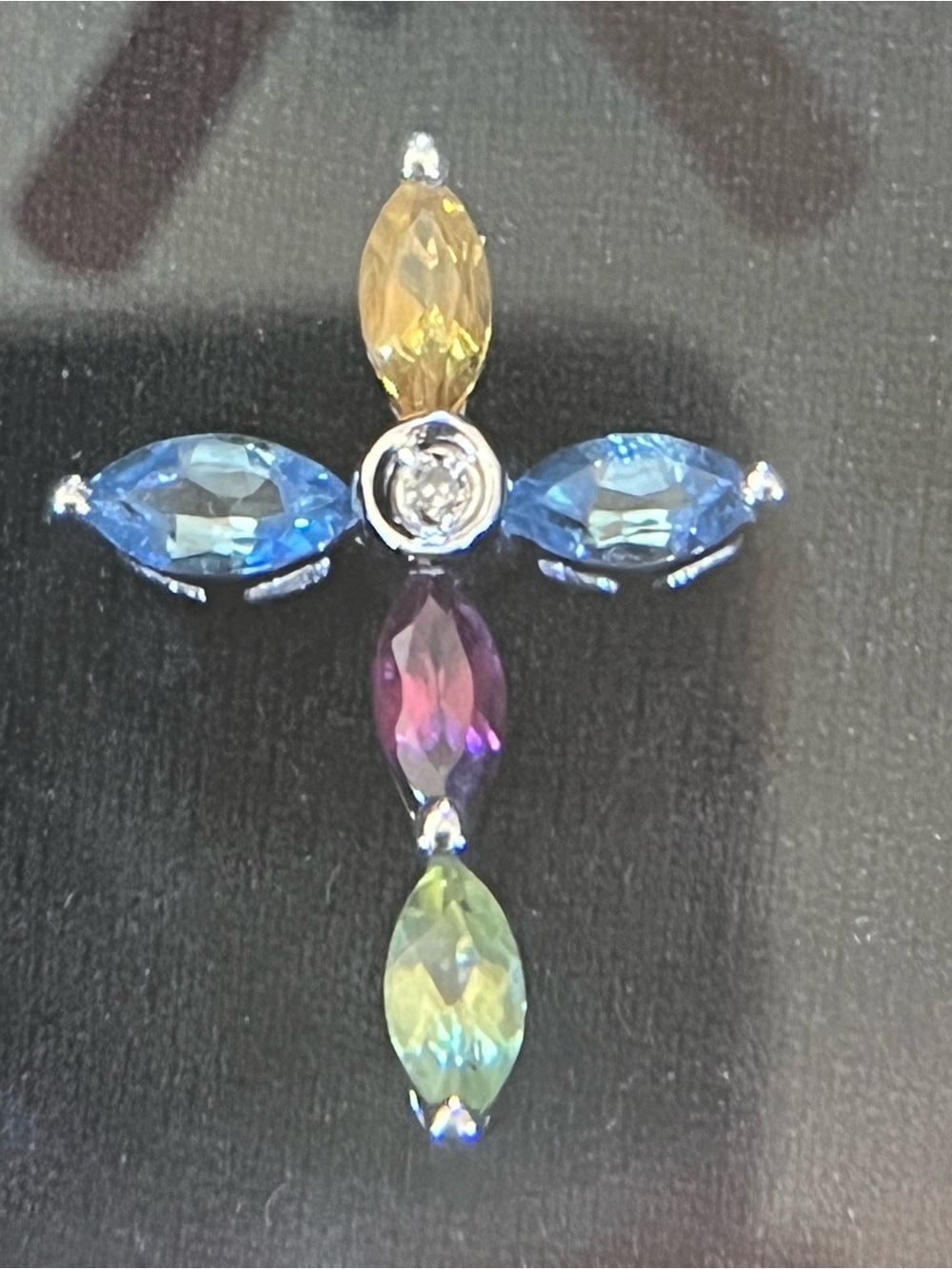 Marquise Cross Pendant / 14k white gold with genuine gem stones and tiny diamond